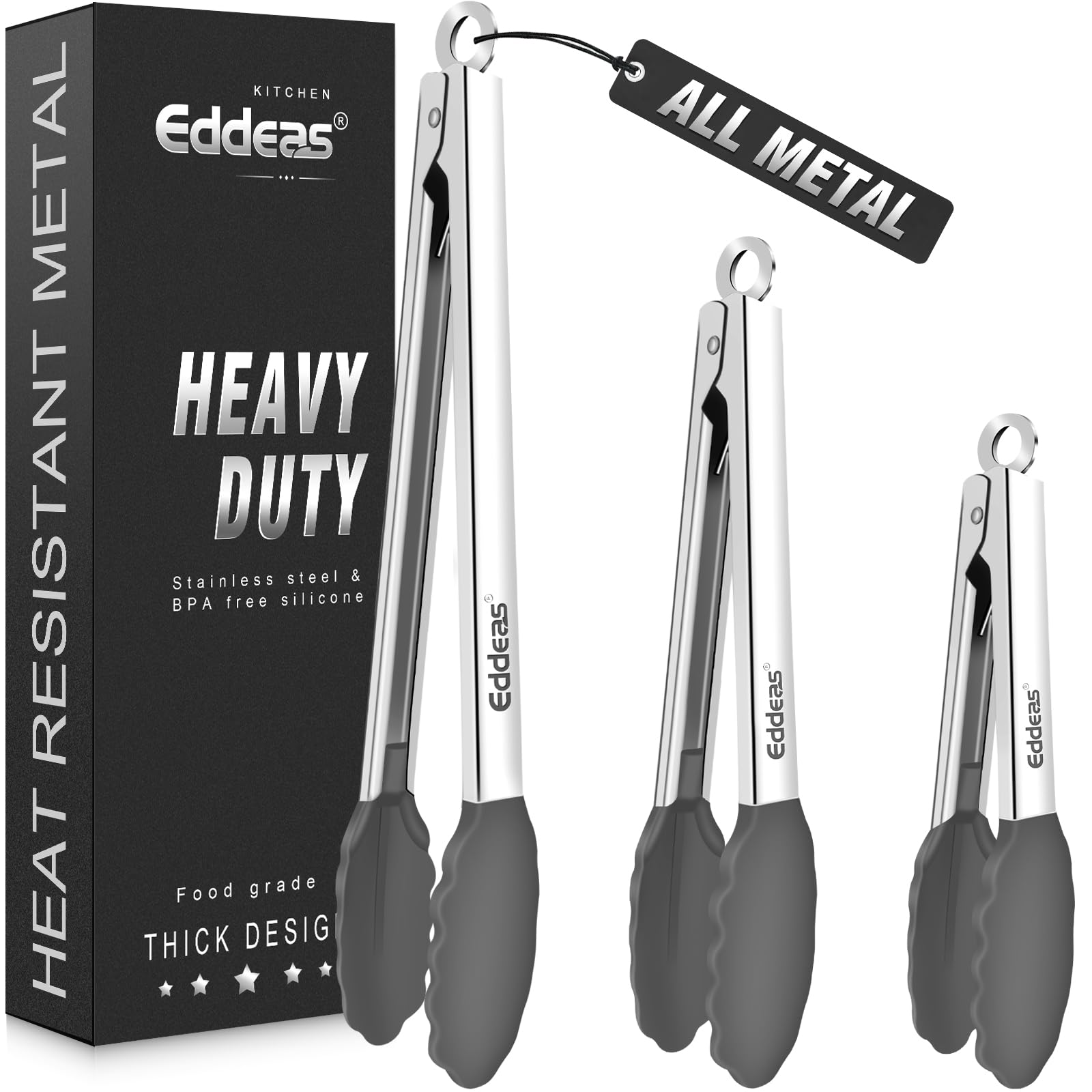 Tongs For Cooking - Silicone Metal Kitchen Tong 7" 9" &amp; 12" Grey