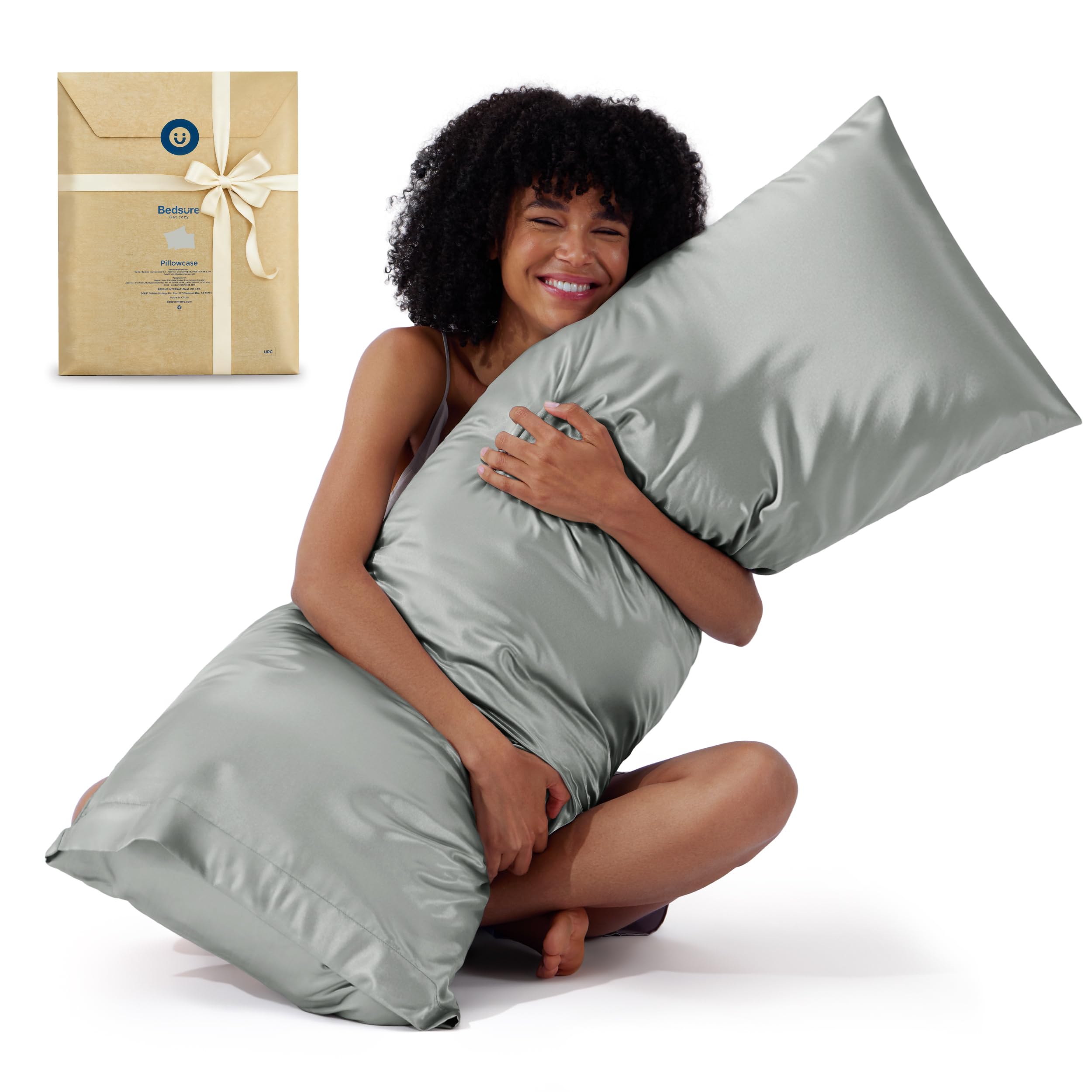 Bedsure Satin Body Pillow Pillowcase - Similar to Silk Body Pillow Cover Case with Envelope Closure,Cooling and Silky Long Pillowcase for Hair and Skin,Grey,20x54 Inches