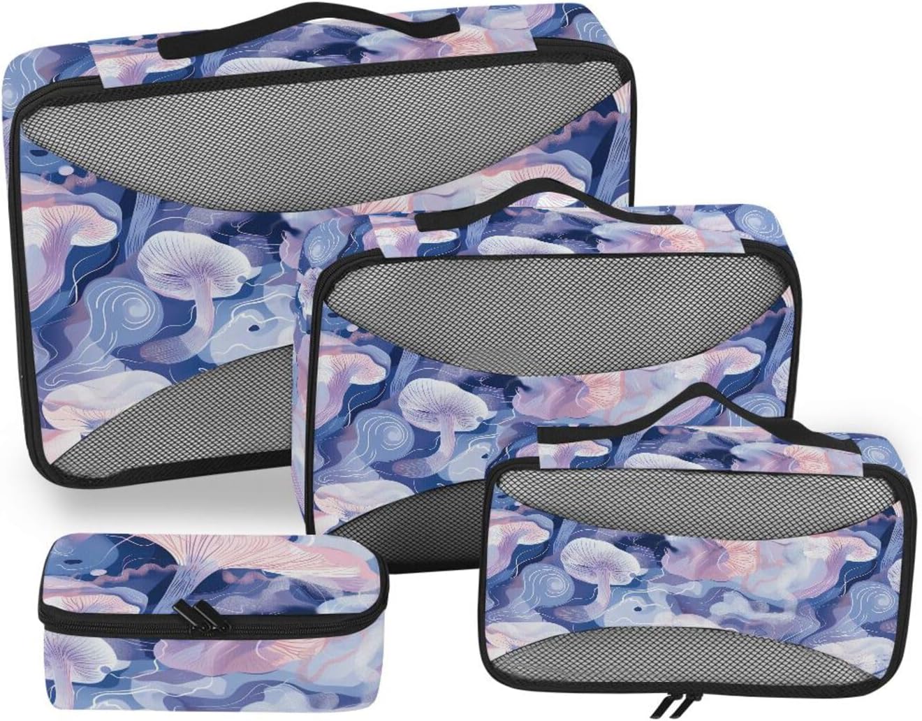 4 Pcs set travel organizer bags Mesh Travel Essentials Abstract Mushrooms Digital Illustration Blue Pink White expandable travel cubes for packing
