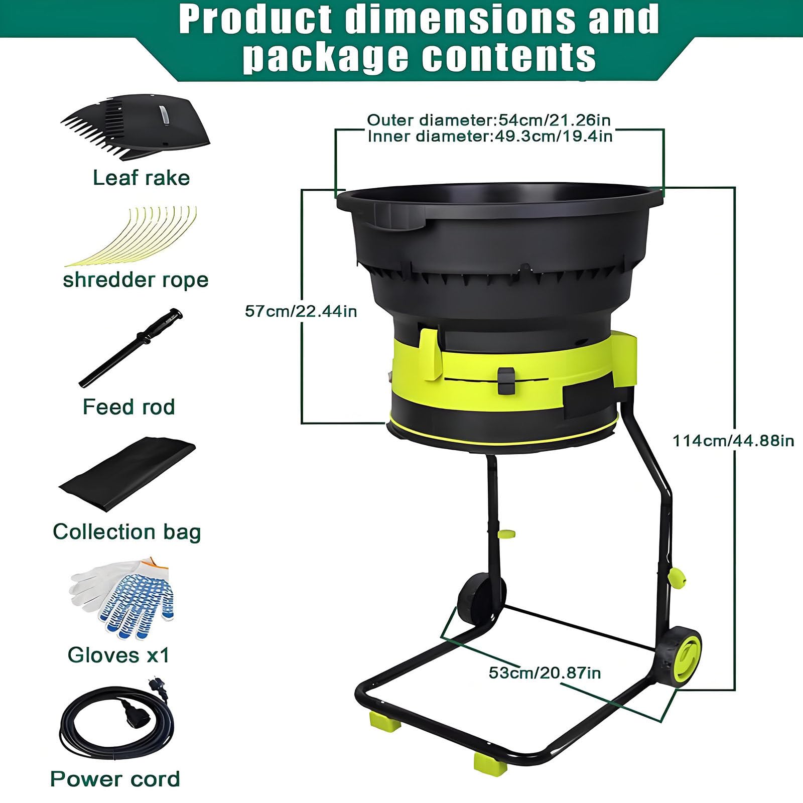 Trituradora De Hojas Eléctrica para Jardín, Trituradora De Hojas De 2500 W con Ruedas, Rastrillo De Hojas, Bolsa De Almacenamiento, Astilladoras De 8000 RPM,Powercord×10m