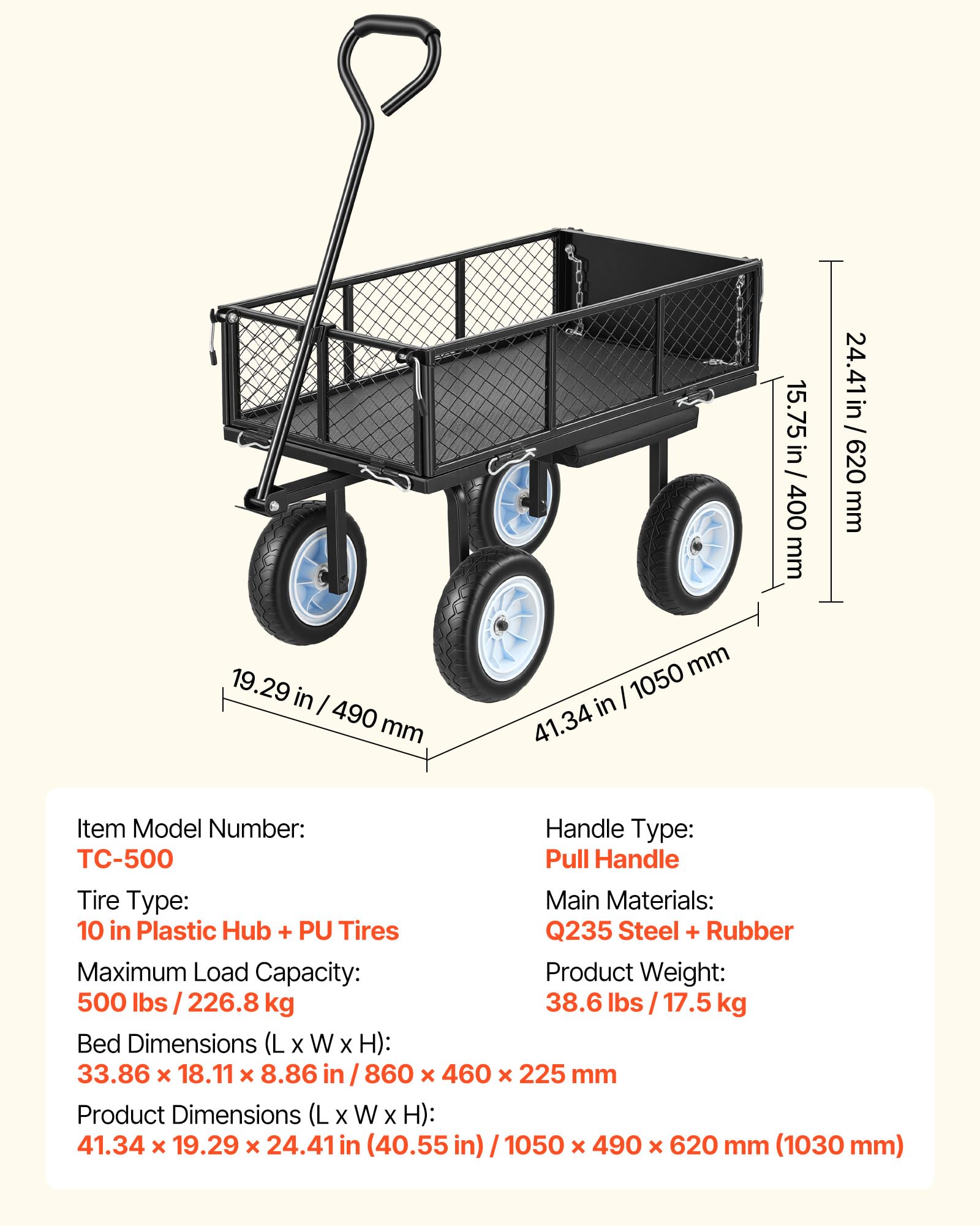 VEVOR Bollerwagen 226,8 kg Tragkraft, Gartenwagen mit Sitz & PU-Rädern, Transportwagen mit Werkzeugablage & Verstellbarem Griff, Gerätewagen für Rasen, Terrasse & Garten, Schwarz