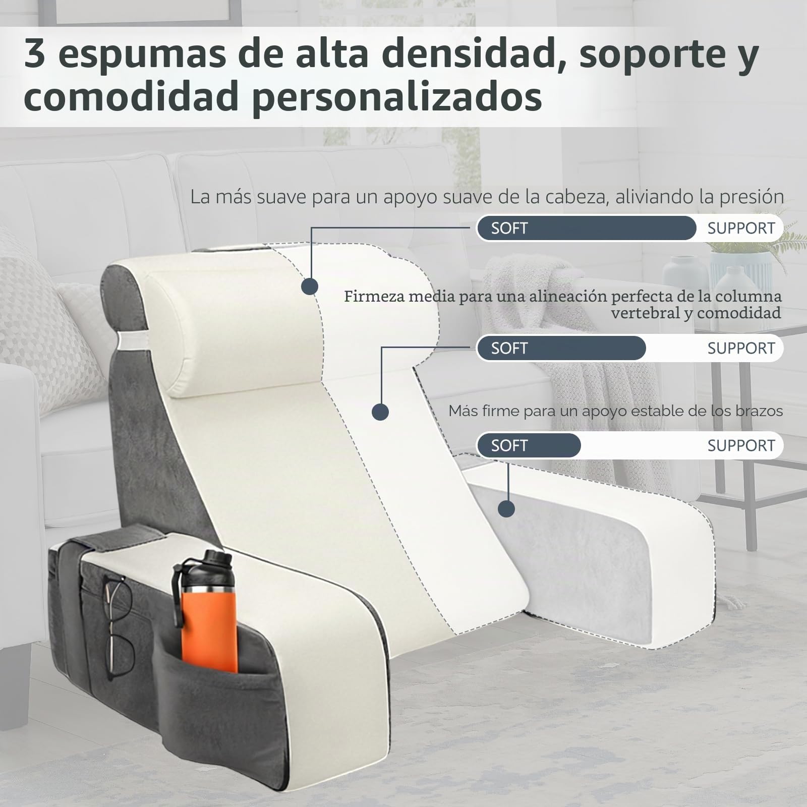 Cojin Lectura Cama,Cojín con Respaldo Apoyo Lumbar, con Soporte para Brazos y Bolsillos, Cojín Lumbar Sofá para la Espalda, Cojin Respaldo Cama para Trabajar, Leer o Jugar en la Cama Sofá Suelo