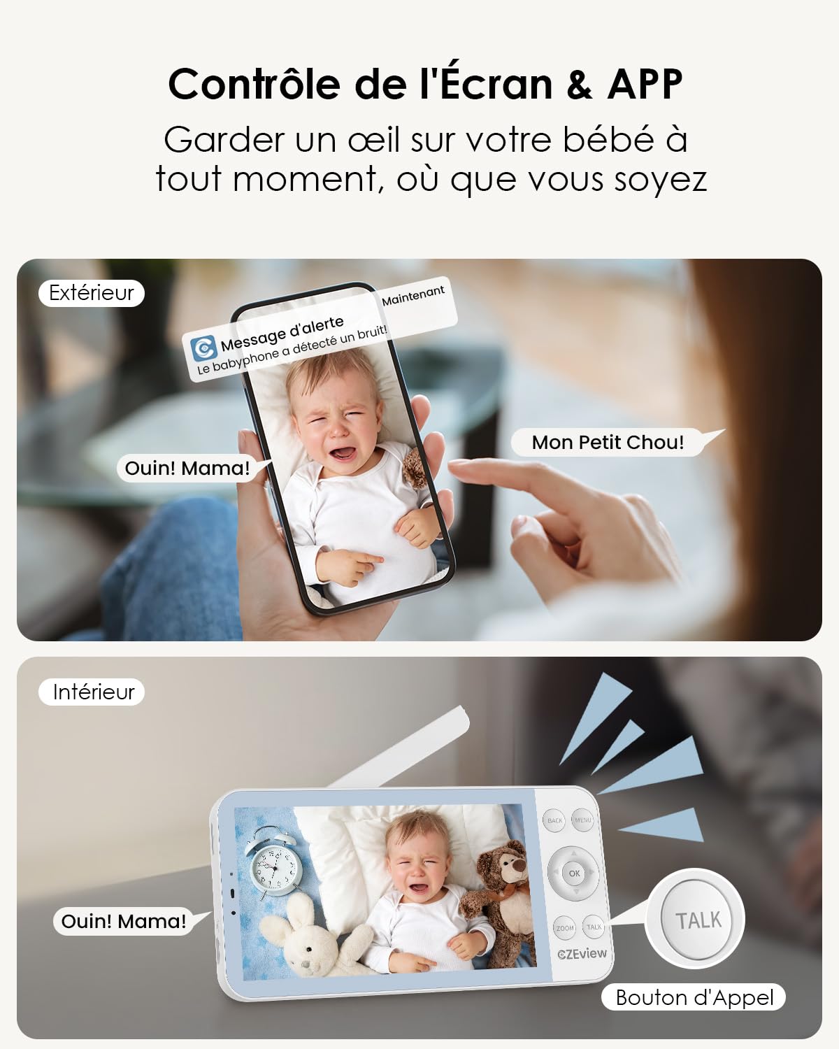 CZEview Babyphone Caméra 2.5K & Ultra Grand Moniteur HD 5,5", Qualité d'image au Top, 360°, APP, Veilleuse & Musique, Vision Nocturne, Caméra Bébé (Bleu (1 pièce)) | écran super clair, vision nocturne, audio bidirectionnel, berceuses, capteur temp., 360°