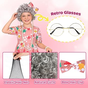 Mishopy 16Pcs Kit De Deguisement Grand Mere Enfant Déguisement Vieille Dame avec Perruque Vieille Dame Cardigan Femme Robe Grand Mere Béquille Beret Lunettes Bijoux en Perles Pour Carnaval Cosplay Mishopy 16Pcs Kit De Deguisement Grand Mere Enfant Déguisement Vieille Dame avec Perruque Vieille Dame Cardigan Femme Robe Grand Mere Béquille Beret Lunettes Bijoux en Perles Pour Carnaval Cosplay