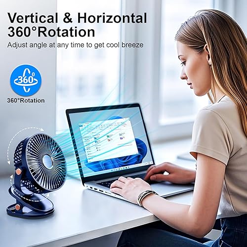 Miniatura 2 de iNeibo Ventilador portátil con clip de 4000 mAh con luces LED, ventilador de escritorio USB a pilas, mini ventilador de mesa recargable silencioso