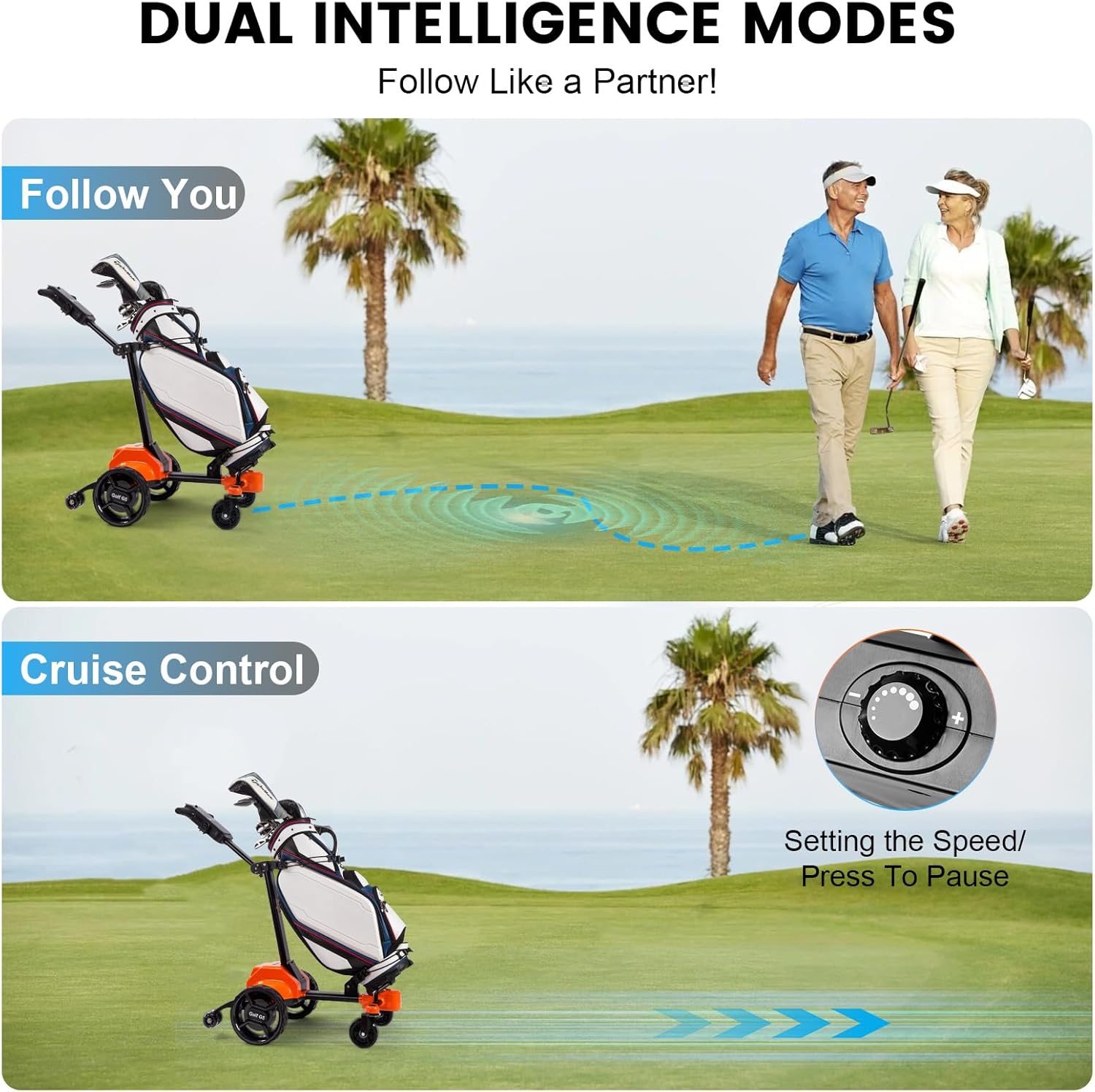 Electric Golf Push Cart with Remote Control, Electric Golf Caddy That Follows You Folding Design Suitable for All Terrains, 36 Hole and Remote/APP/Manual Control