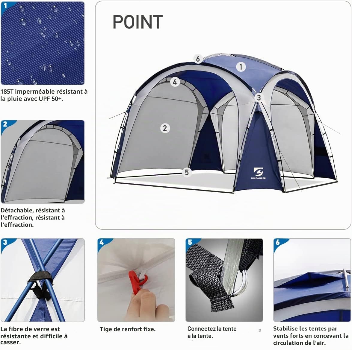 UNICAMPER Grande Tente de Plage UPF 50+ 3,7 x 3,7 m, imperméable et imperméable pour 8 à 10 Personnes avec 2 parois latérales, Parfaite pour Le Camping (Bleu Ciel)
