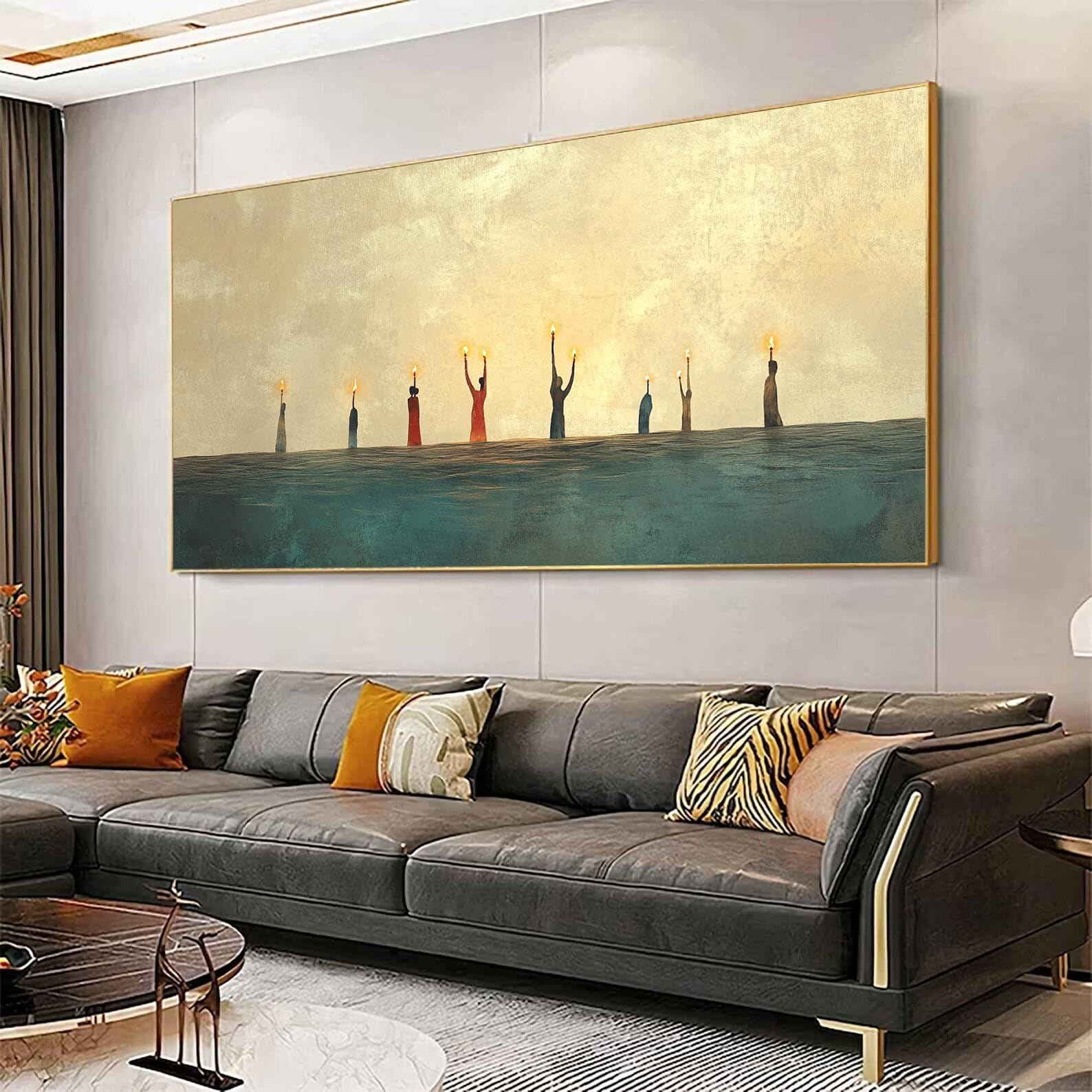 TONGYINLI Minimalist Oil Painting, Beige & Green Abstract Wall Art Pictures: Wide Horizontal Posters and Prints Bedroom Decor Mural(80x160cm/Frameless)
