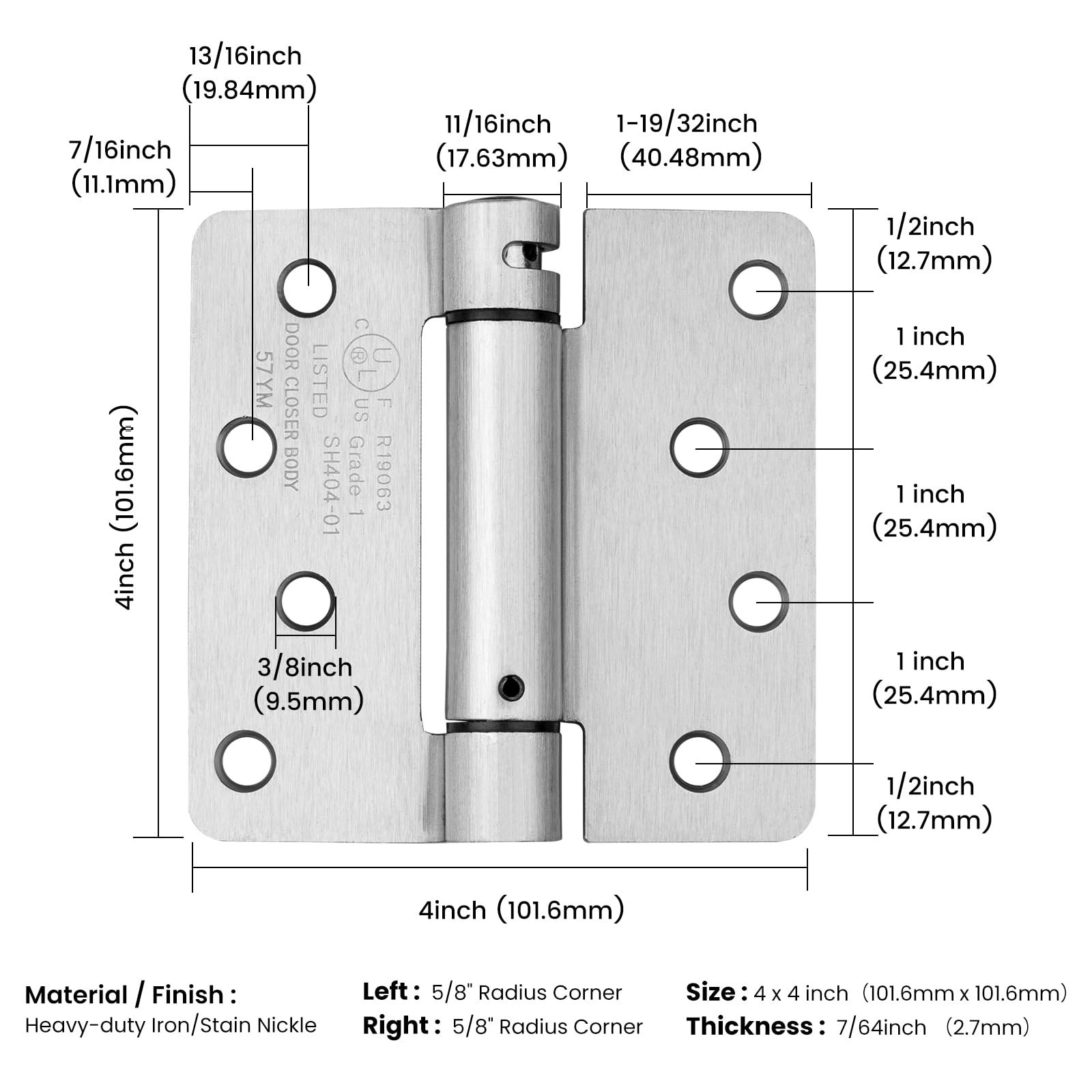 Haidms Selbstschließende Türscharniere, 10,2 cm, gebürstetes Nickel, Federscharnier mit 6,35 mm Radius-Ecke, verstellbare Spannung für Wohn- und Schwerlasttürbeschläge, 3 Stück