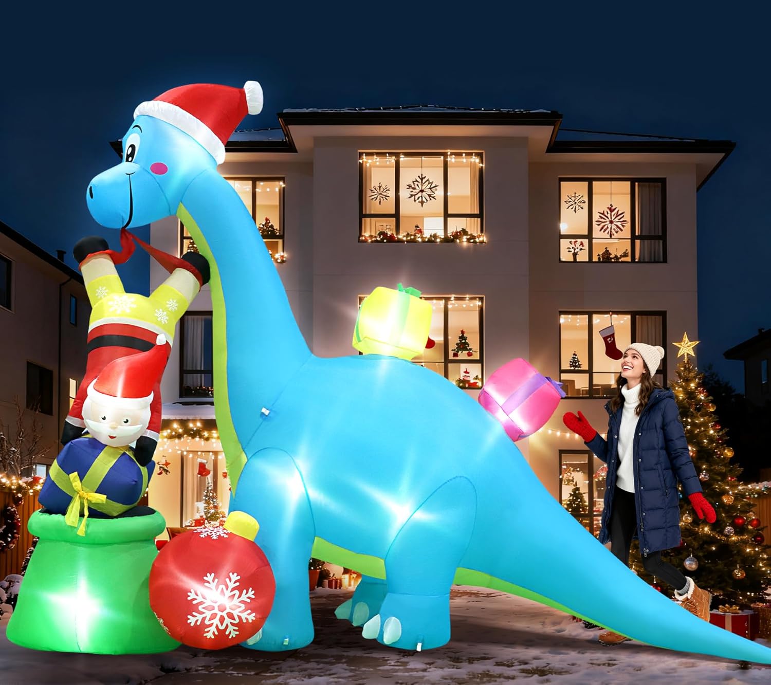 12.5 FT Christmas Inflatable Decorations, Giant Huge Dinosaur Santa Claus Cornucopia Outdoor Blow Up Decor Cute Funny Carrying Gifts Boxes Built-in 8 LEDs Xmas Yard Lawn Garden Inflatables de Navidad