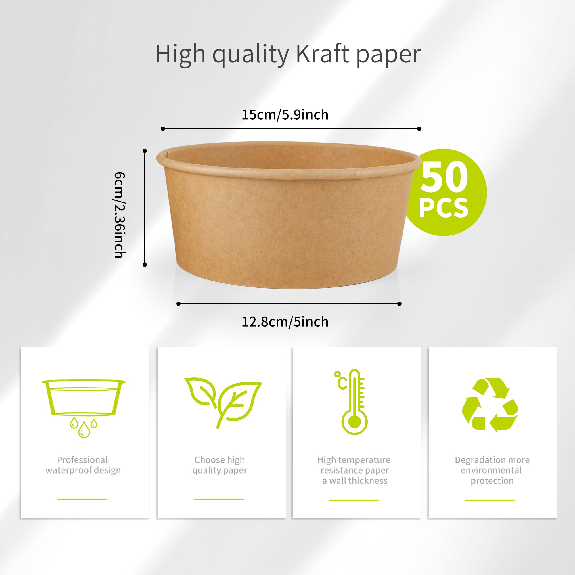 Paquete de 50 cuencos de papel de 25 onzas, cuencos desechables para sopa, cuencos de ensalada resistentes, hechos en papel kraft de grado alimenticio, ecológicos, duraderos, sin fugas, para