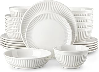 MALACASA LEILA Crockery Set for 6 People, 24-Piece Plate Set for 6 People, Porcelain Crockery Set with Handmade Relief Design, Microwave and Dishwasher Safe, Bowl and Plate Set, White