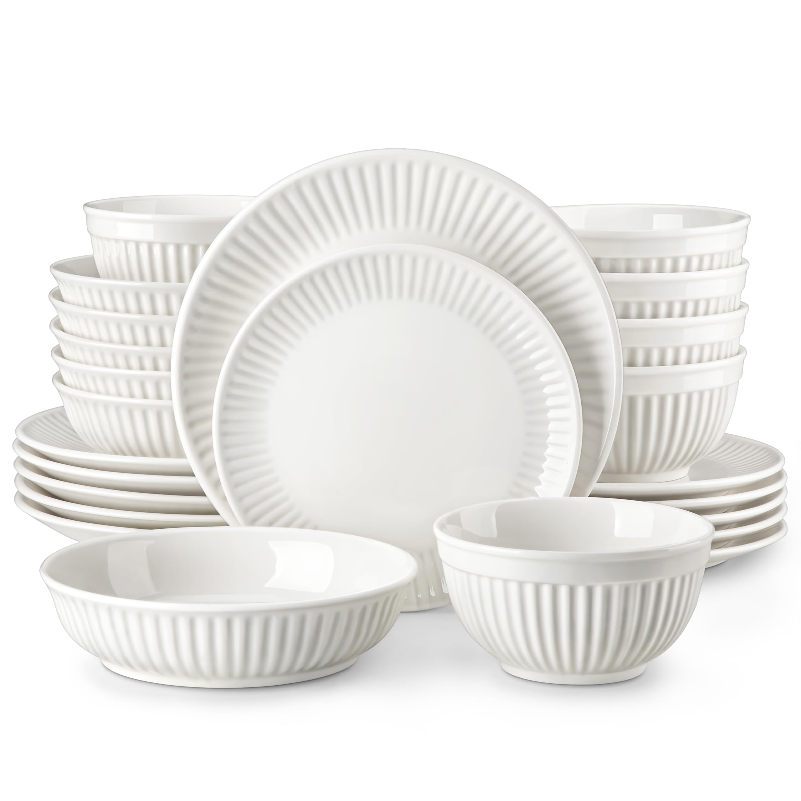 MALACASA Service de Table 6 Personnes, 24 Pièces Services de Vaisselle en Porcelaine, Set de Vaisselle avec 6 Assiettes à Plates, Assiettes à Dessert, Bol à Soupe, Bols à Céréales, Blanc