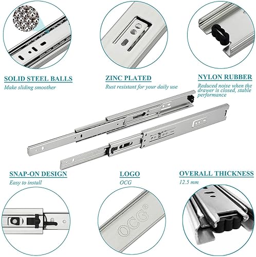Miniatura 2 de OCG Deslizador de cajón con rodamientos de bolas de 12 pulgadas, correderas de cajón de montaje lateral, riel deslizante de cajón de extensión