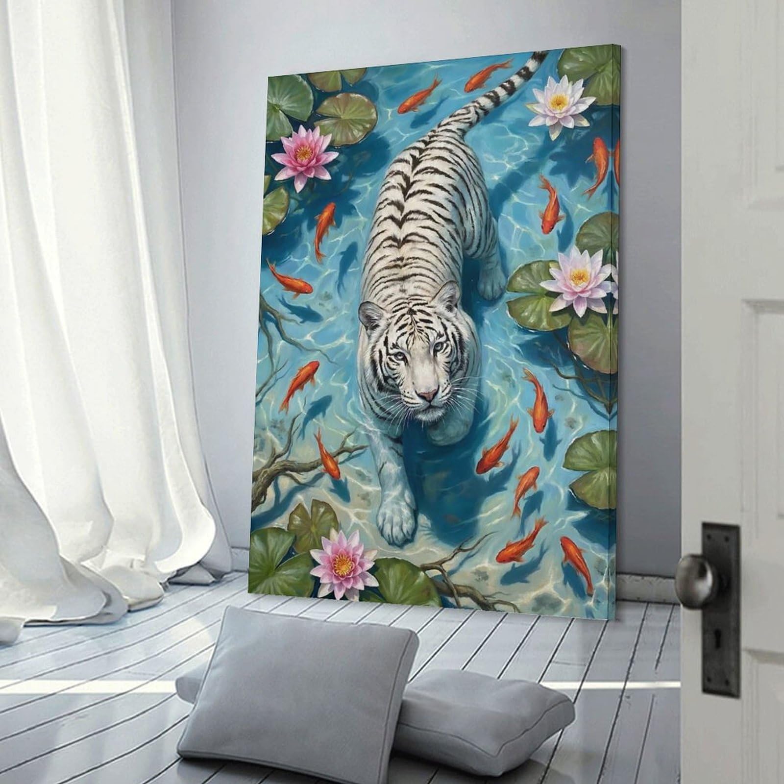 Junmoney Frame-Style-21 Decorative Wall Artwork White Tiger In Water With Fish, 08X12inch(20X30cm), For New Homes, Bedrooms Or Workspaces, Canvas Artwork With Gifting Potential