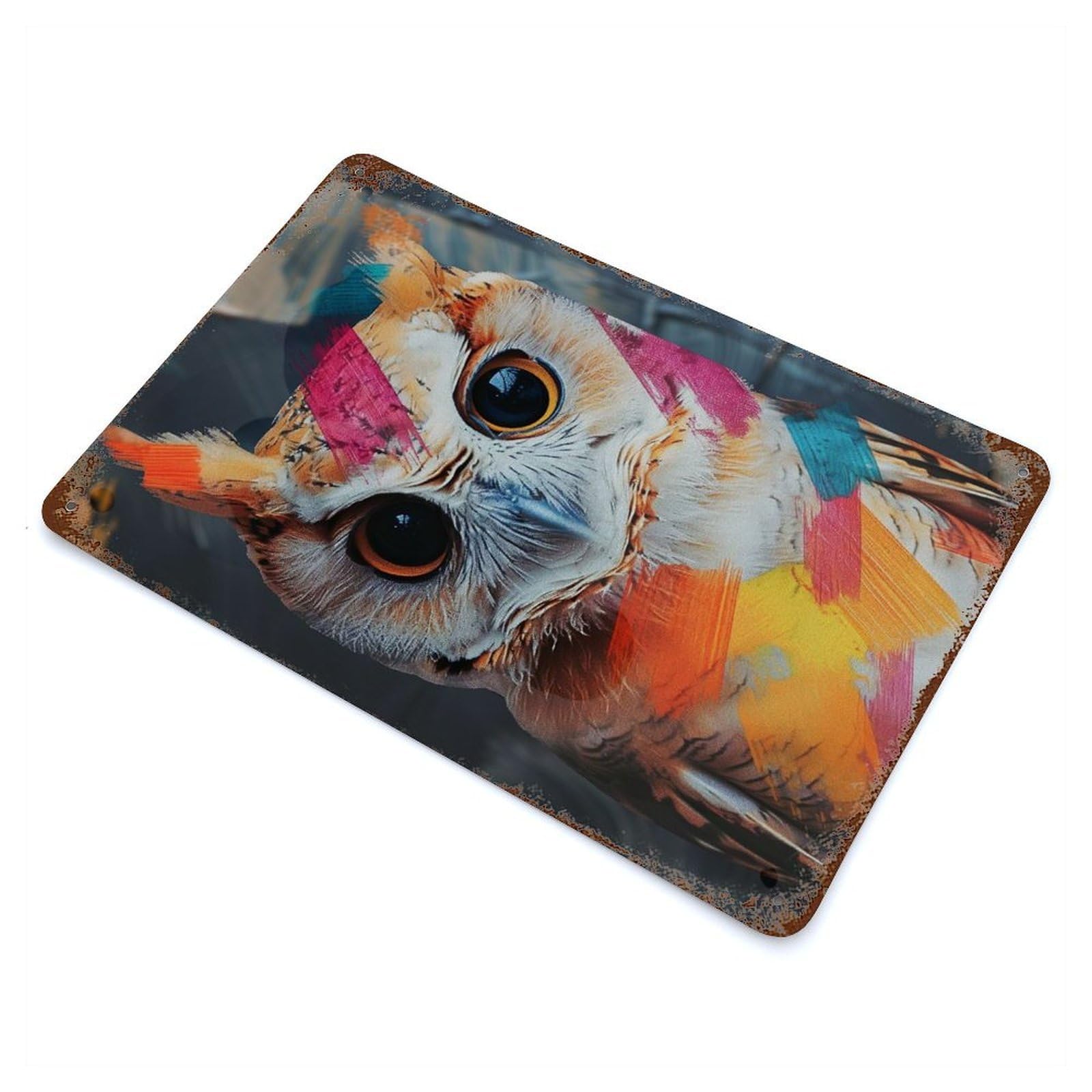 Garage Style Owl with Colorful Strokes Aged Metal Wall Plaque 11.8"x7.9", Farmhouse Wall Decor for Bar And Workshop