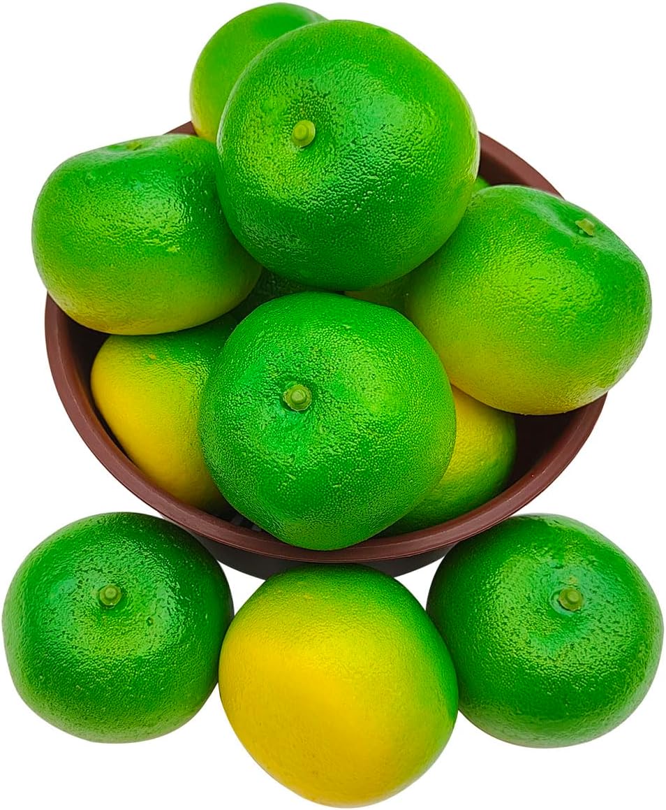 DaKuan 12 Pack Realistic Artificial Oranges - 2.36×2.95 Inch Fake Fruit Decor for Home Decor, Table Displays, Photo Props, Weddings and Window Staging (Vivid Yellow-Green)