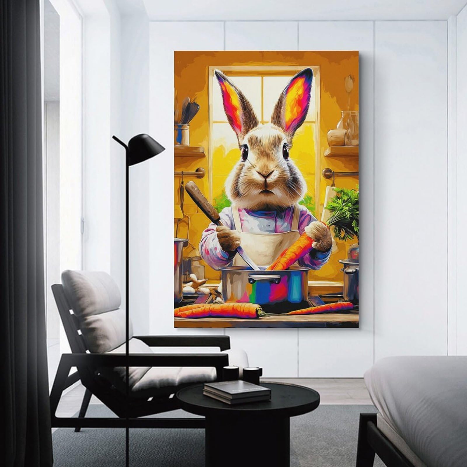 Junmoney Unframe-Bunny Chef Cooking Carrots Bunny Chef Cooking Carrots Wall Picture Print 24X36inch(60X90cm), For Entryway, Lounge Links Or Small Walls, Decorative Wall Art For Narrow Spaces