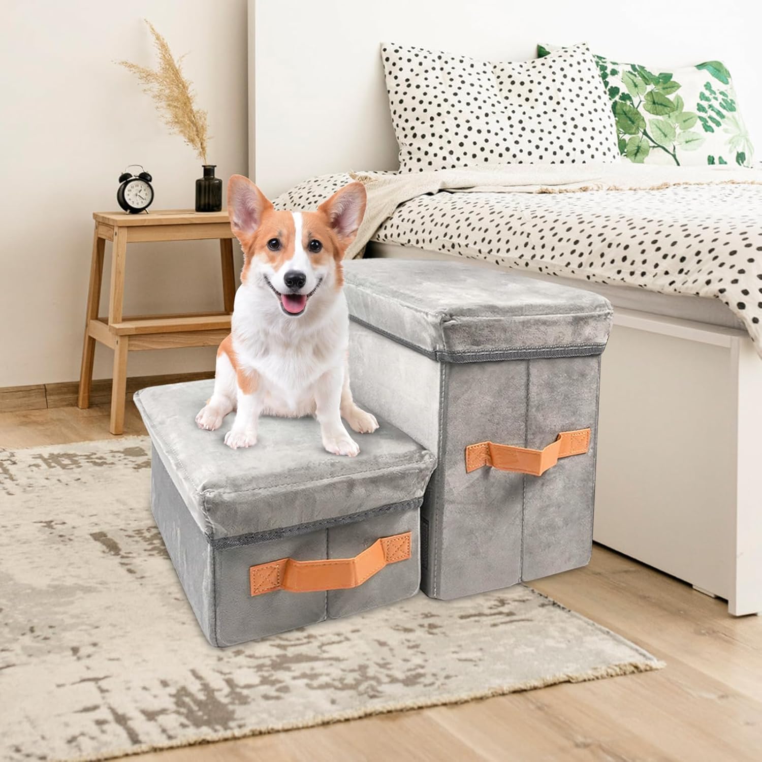 Dayard Dog Stairs with Storage, Foldable Dog Steps for Sofa High Beds, Portable Pet Storage Stepper for Small Pets Dogs Cats, 2 Steps Grey