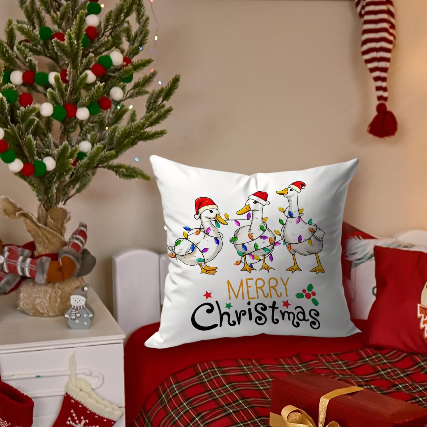Christmas Duck Pillow Covers 18x18, Farmhouse Christmas Decor, Funny Merry Xmas Duck Farm Animal Print Decorative Pillow Covers for Bedroom Living Room Home image 3