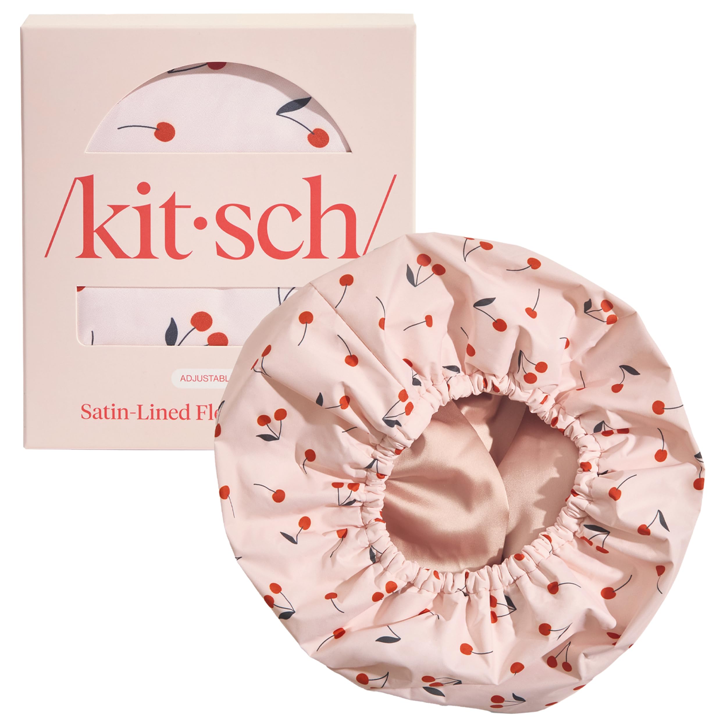 Kitsch Luxury Shower Caps for Women Reusable Waterproof - Flexi Satin Lined, Large Shower Cap for Men, Non-slip, Quick-dry, Adjustable, Stylish Hair Cap for Long & Short Hair - Cherry Print