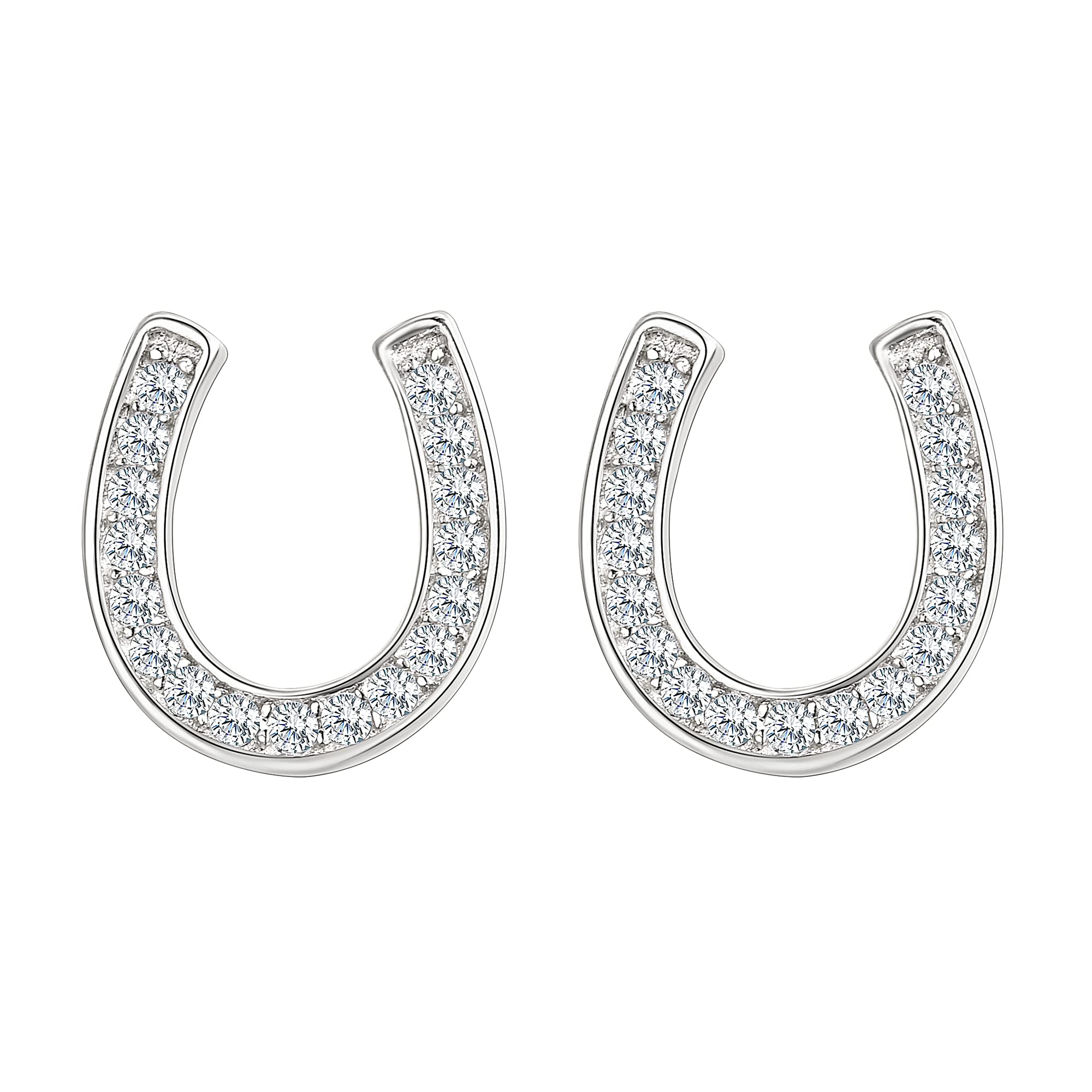 925 Sterling Silver Elegant Cubic Zirconia Lucky Horseshoe Stud Earrings for Women