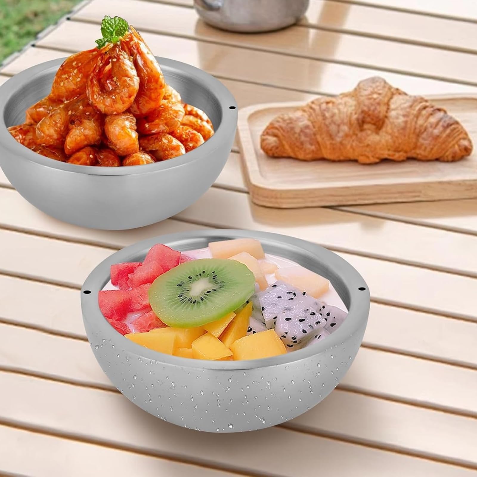Genérico Ensaladera y Recipiente para Salsas de Acero Inoxidable 304 con Aislamiento de Doble Pared, para Servir Alimentos Calientes Y FríOs con Dos Orificios de Agua Para Salsas FríAs(2pcs)