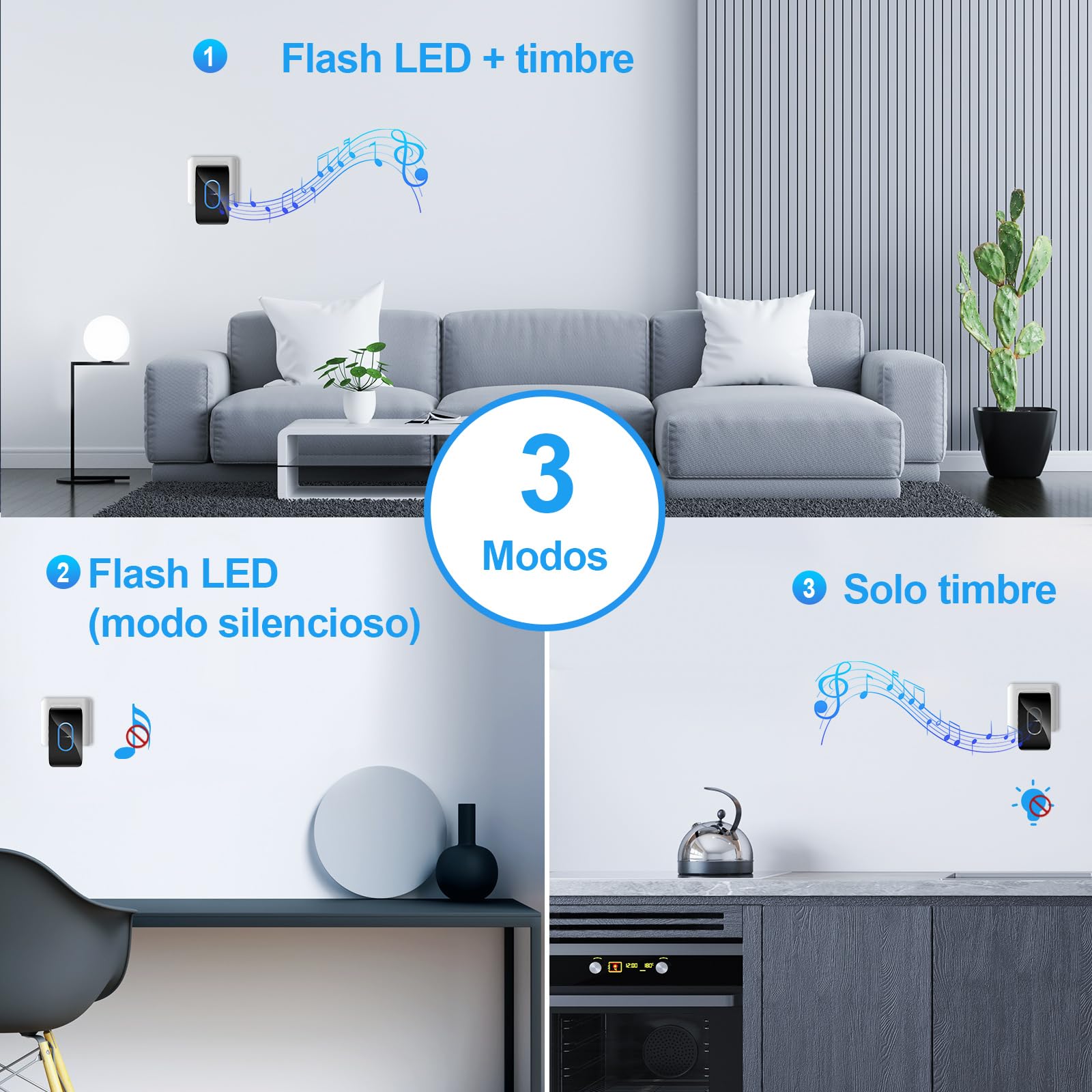 TECKNET Timbre Inalámbrico Exterior Impermeable con 3 Receptores Enchufables, IP65 Impermeable Doorbell 400M, 60 Melodías & 5 Niveles de Volumen, 3 Modos de Trabajo, Indicador LED, Negro