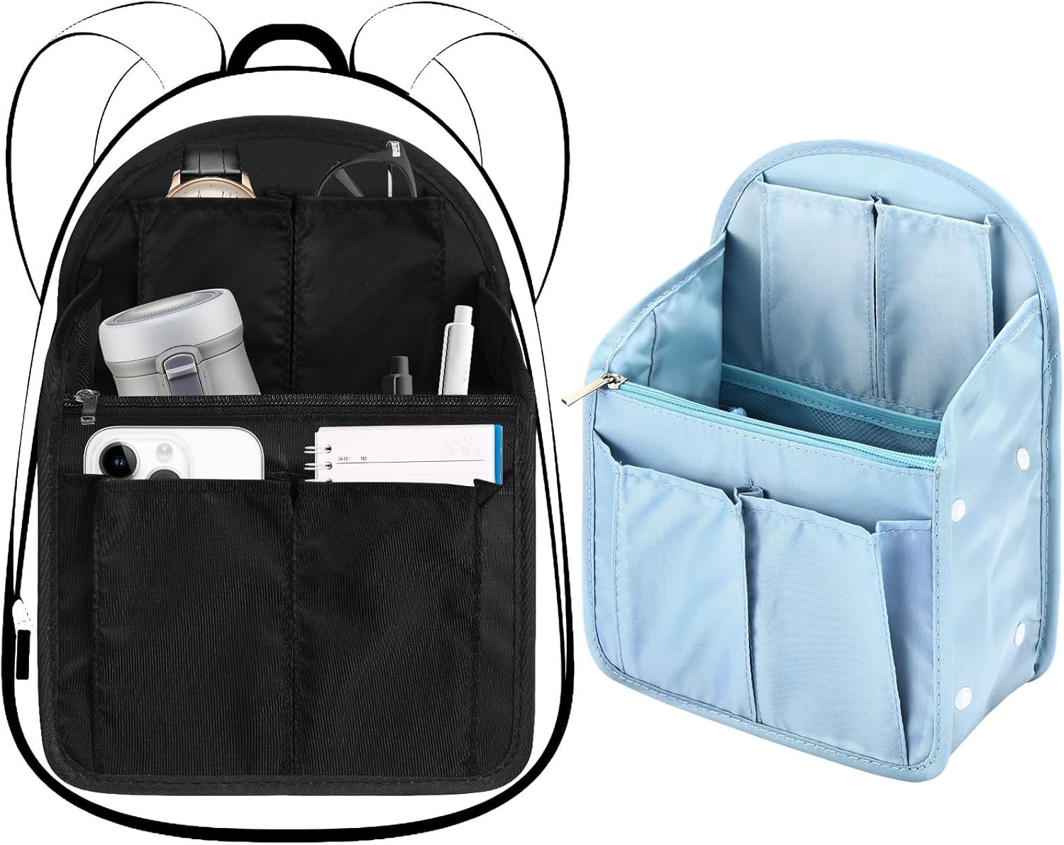 Sweetude 2 Pcs 7.9 x 4.8 x 11 Inch Mini Backpack Organizer Insert Small Shoulder Bag Divider for Rucksack Handbag Shoulder Bag Purse(Black, Light Blue)