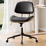 Chaise de bureau ergonomique sans bras avec roues, PU chaise de bureau réglable en cuir - 360° Swivel, style moderne de noyer, parfait pour les petits espaces, Home Office & Salle de réunion, Noir
