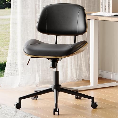 Miniatura 7 de Silla de oficina sin brazos con ruedas, silla de escritorio de piel sintética de altura ajustable, silla de computadora ergonómica giratoria de 360