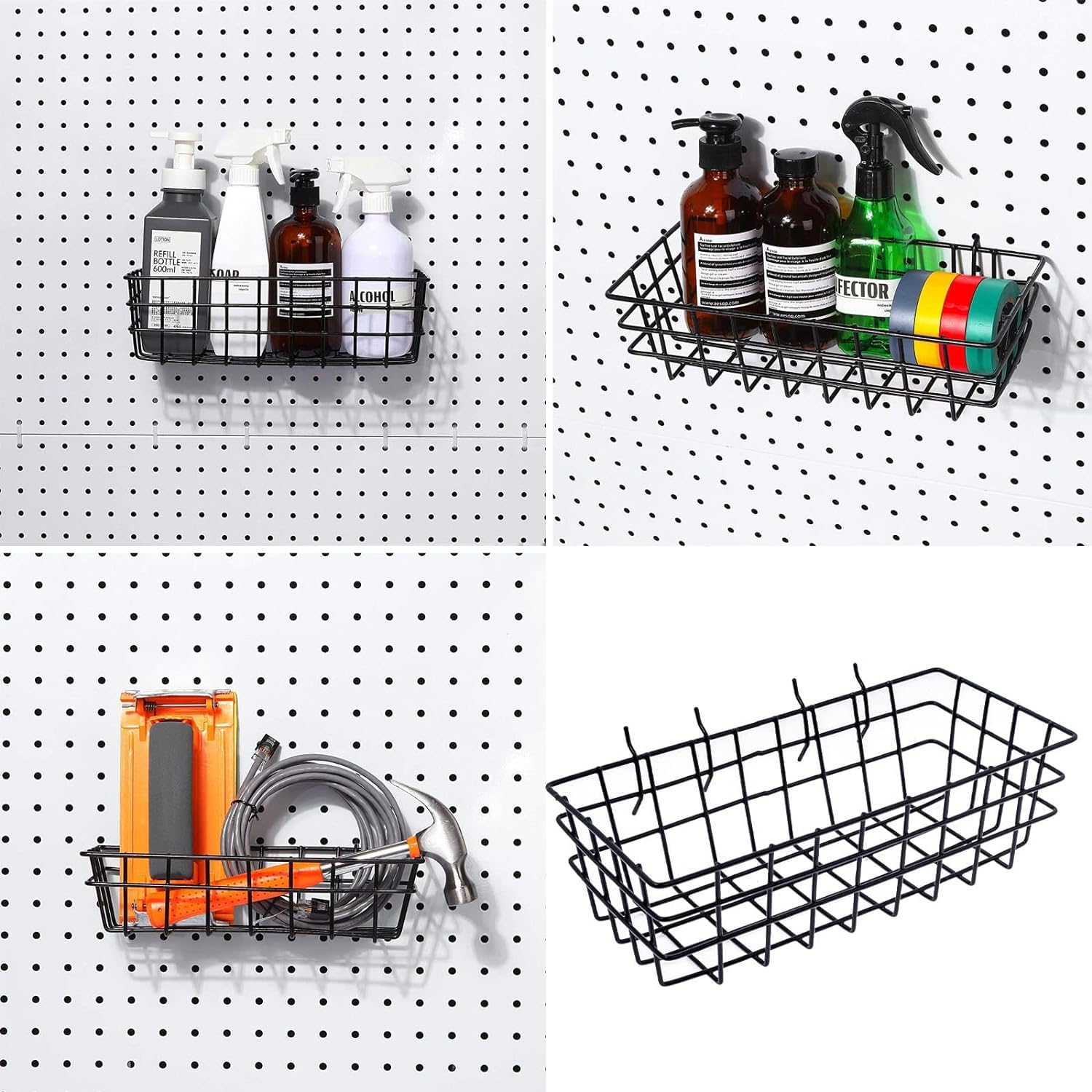 Set di 4 cestini per pannelli forati, quadrati, 4 dimensioni, in filo metallico nero, ganci per qualsiasi piano, per organizzare strumenti, banco da lavoro, accessori, accessori da parete per garage