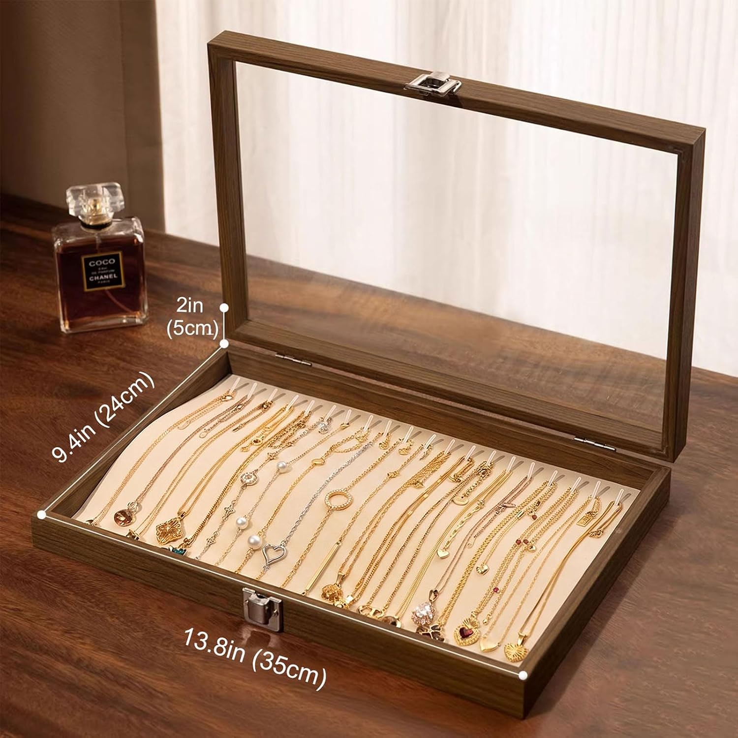 13.78" Walnut Necklace Organizer Box, 20‑Slot Jewelry Storage Case image 2
