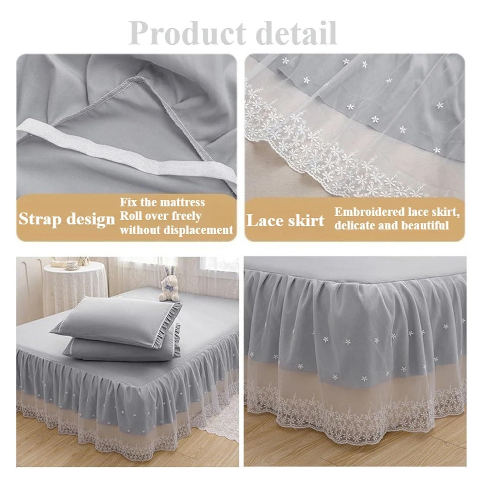 Gonna del letto Copriletto in pizzo con balze, elegante gonna da principessa rosa, design a strato singolo, morbido e delicato sulla pelle per telaio letto(Pink,1PC-180x200cm)