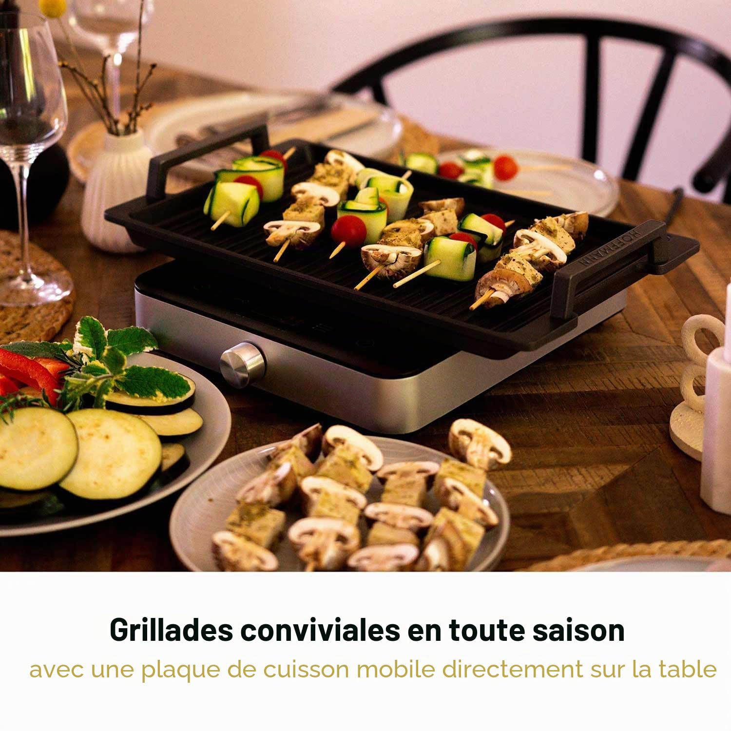 Hoffmann Plancha Teppanyaki 41x24 cm I avec Poignées Latérales I Compatible Induction I Grill Barbecue Plaque de Cuisson I Revêtement Antiadhésif I Surface Lisse