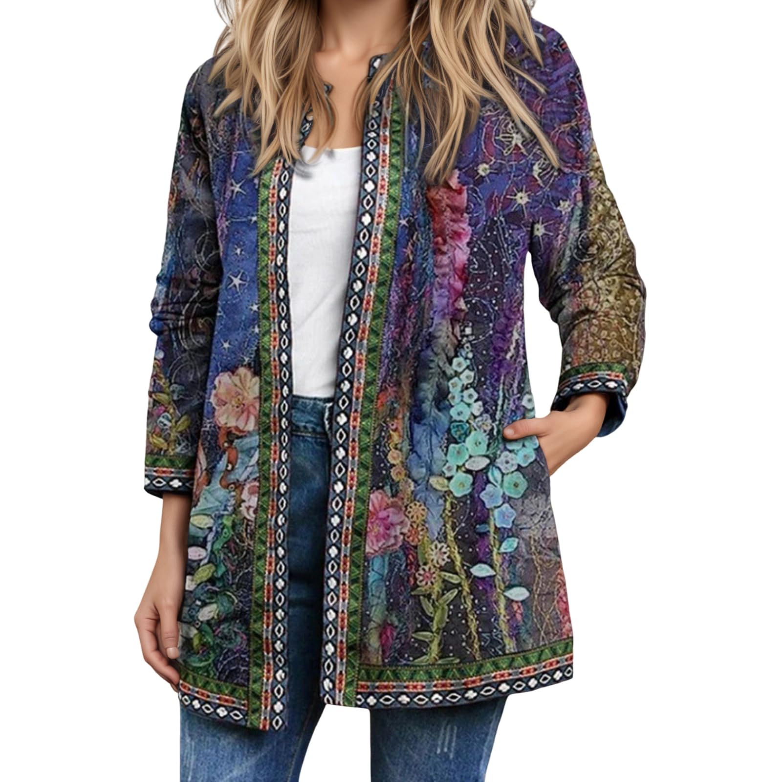 Womens Ethnic Print Open Front Cardigan Fall Long Sleeve Jacket Coat Casual Loose Lightweight Cardigan with Pockets