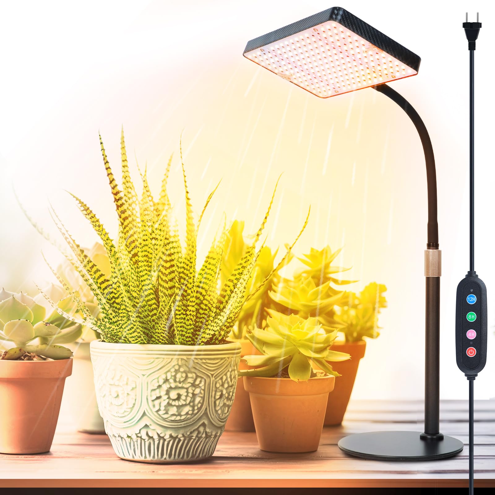 FRGROW Tischplatte Pflanzenlampe LED mit 4/8/12/16/20 Hr Timer, 25 Watt Vollspektrum Pflanzenlicht für Zimmerpflanzen, 208 LEDs Wachstumslampe für Pflanzen, Daisy Chain Funktion