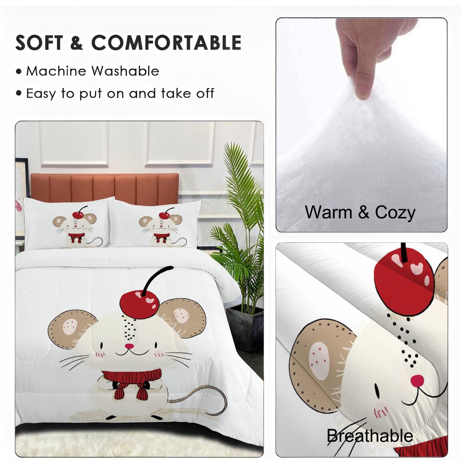 Trapunta Invernale in Ecopiuma, 260x230cm Set Piumone Stile Del Libro Per Bambini Imbottita 200 gr/mq Caldo e Morbido Piumino Trapuntato Mouse Semplice Coperta Letto Reversibile per 4 Stagioni, Bianco
