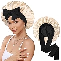 Vista 9 de Gorro de satén para dormir de doble capa con banda elástica para cabello rizado, gorro nocturno (pasta de frijol + rosa)