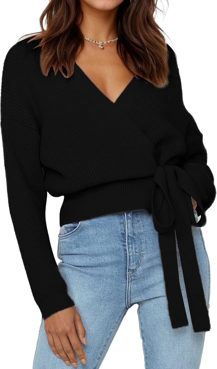 Women’s Cropped Sweater V-Neck Wrap Sweater Long Sleeve Ribbed Knit Pullover with Side Tie Valentines Day Outfit