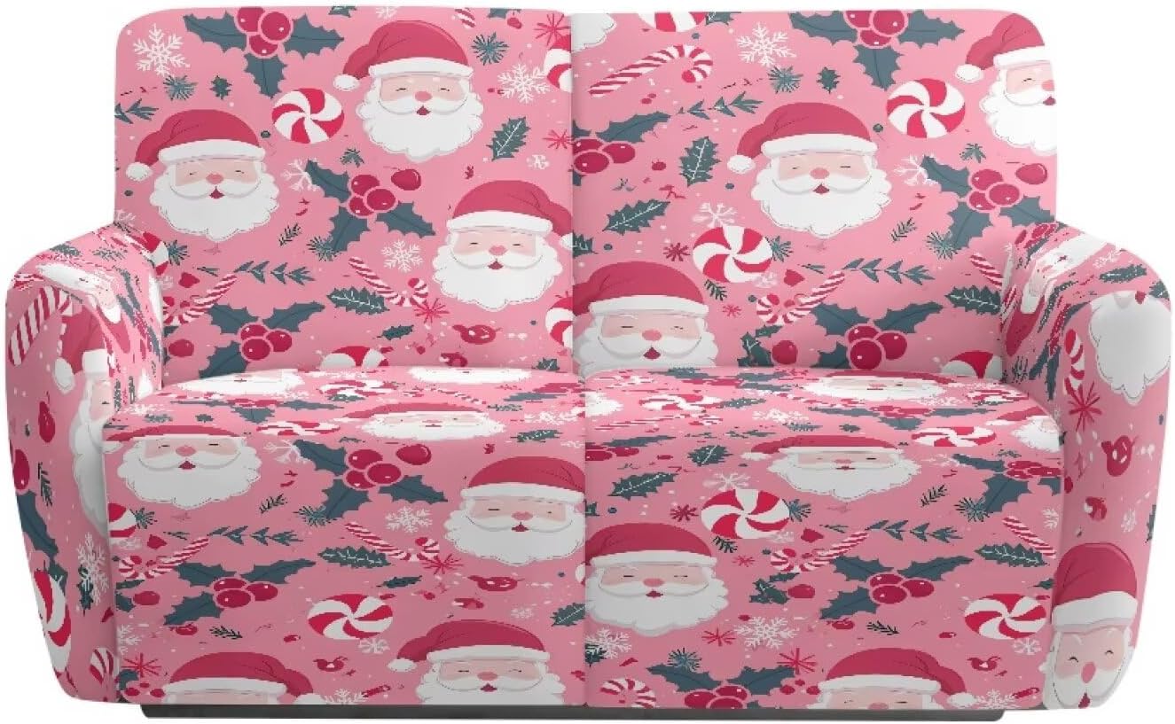 Loveseat Recliner Slipcovers, Santa Claus Stretch 2 Seater Loveseat Recliner Sofa Covers Elastic Polyester Couch Cover with Pocket Easy to Install Machine Washable Pink