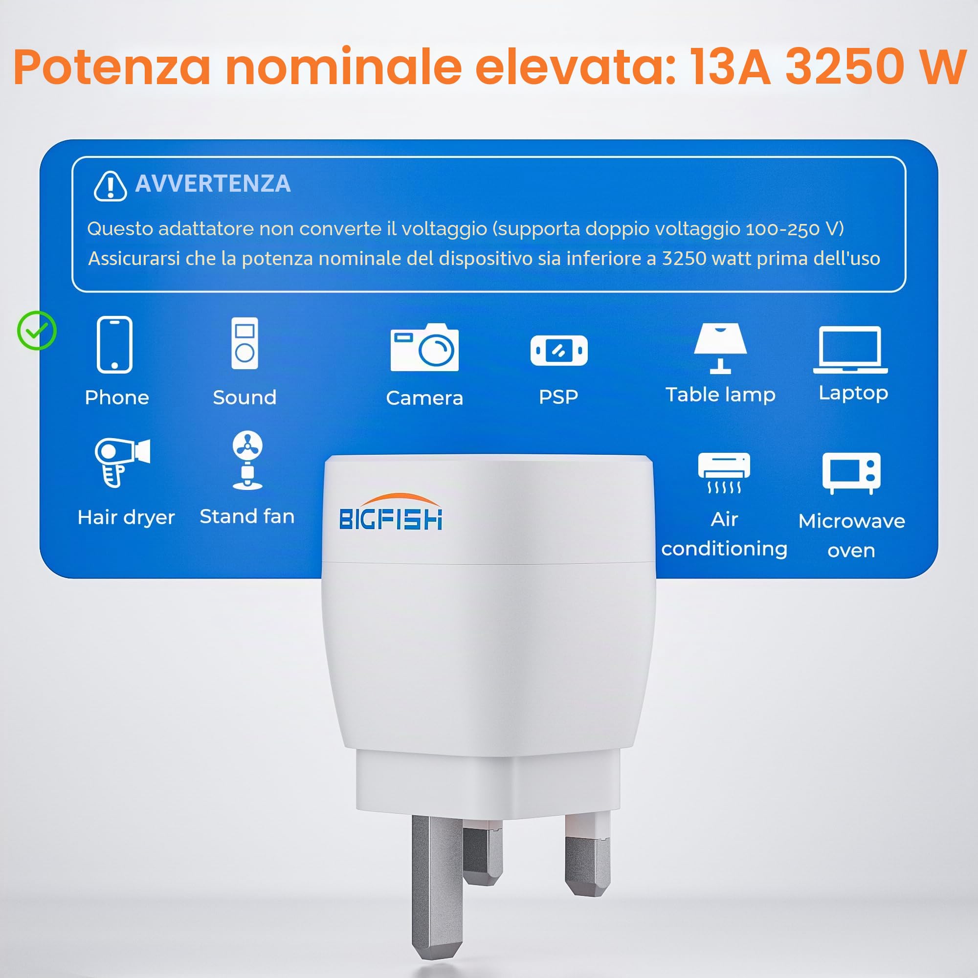 Bigfish Adattatore Presa Inglese 2 Pezzi UK Tipo G UE a Inghilterra