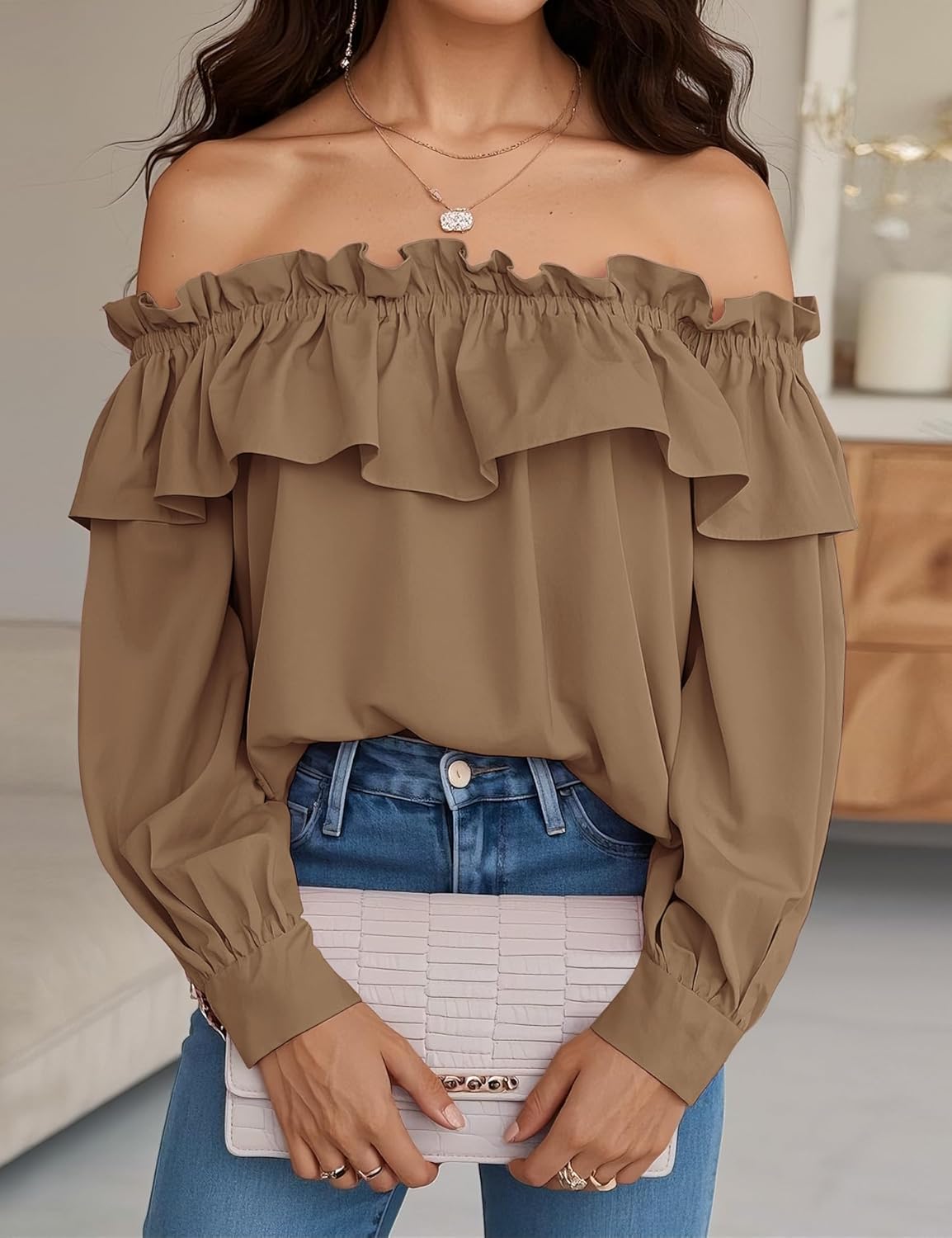 Prettywear Women's Sexy Off Shoulder Tops Long Sleeve Ruffle Blouse Flowy Going Out Shirt Oversized - Image 4