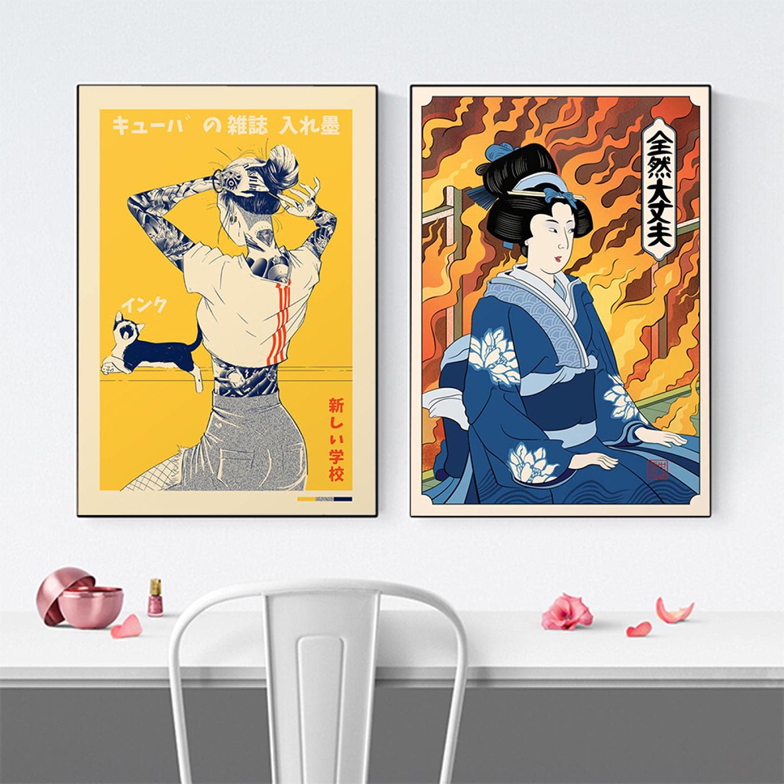 TSHAOSHUNHT Giapponese ukiyoe gatto vintage poster stampe su tela vintage wall art decorazione della casa moderna 30x40cmx2pcs (11,8 * 15,7 pollici * 2) cornice interna