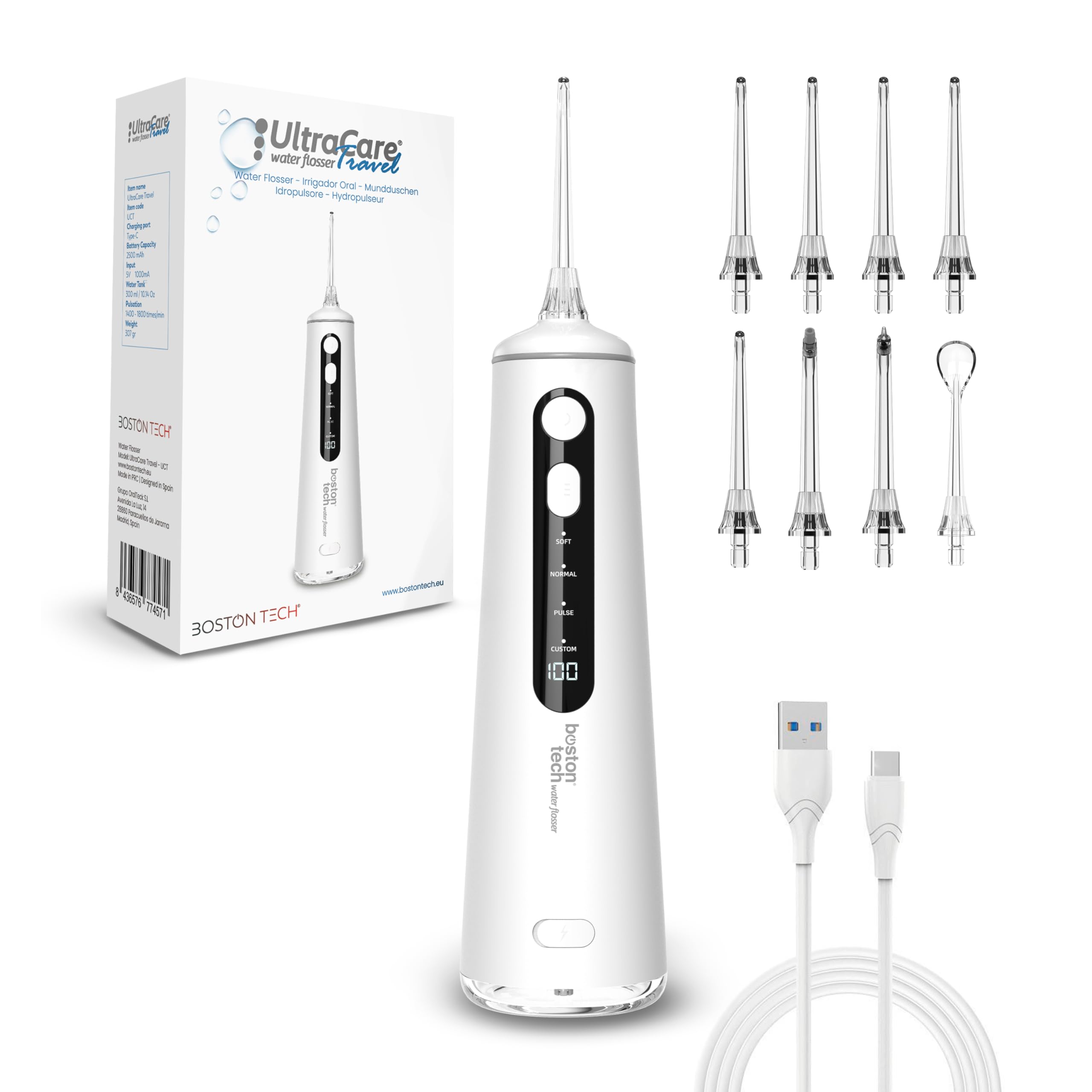 Aquapik Ultracare Travel Irrigador Bucal Portatil, Irrigador Dental Inalámbrico Profesional 8 Boquillas 4 Modos, IPX8 Impermeable 300ML USB-C Recargable Para Limpieza Dientes