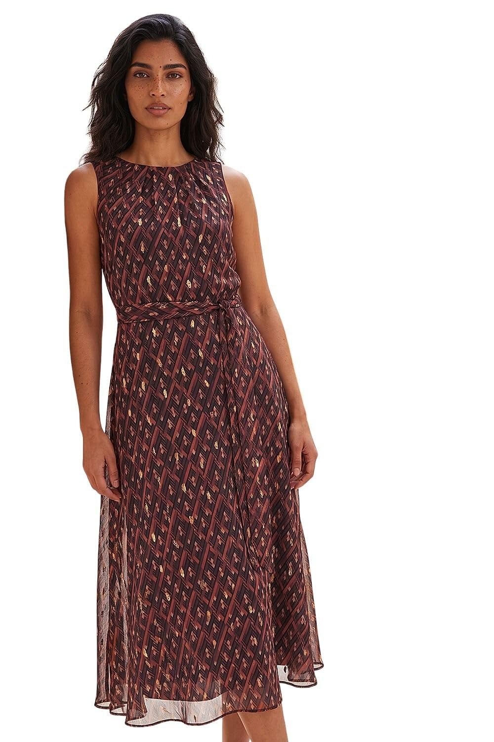 Roman Originals Women's Shimmer Chocolate Roman Animal Print Pleated Chiffon Dress For Uk Spring Everyday Summer Holiday Round Neckline Comfy Sleeveless Soft Fit & Flare Frock Midi Length Gowns - Size 14