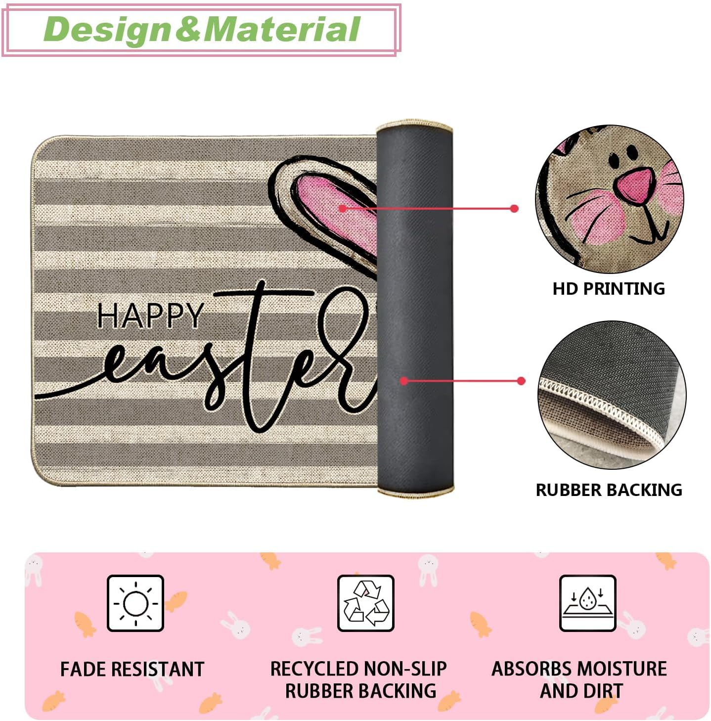 Baccessor Happy Easter Bunny Kitchen Rugs Set of 2,Funny Rabbit Eucalyptus Leaf Kitchen Mats Low-Profile Non-Slip Absorbent Floor Mat 17x29 and 17x47 Inch Home Seasonal Holiday Decoration