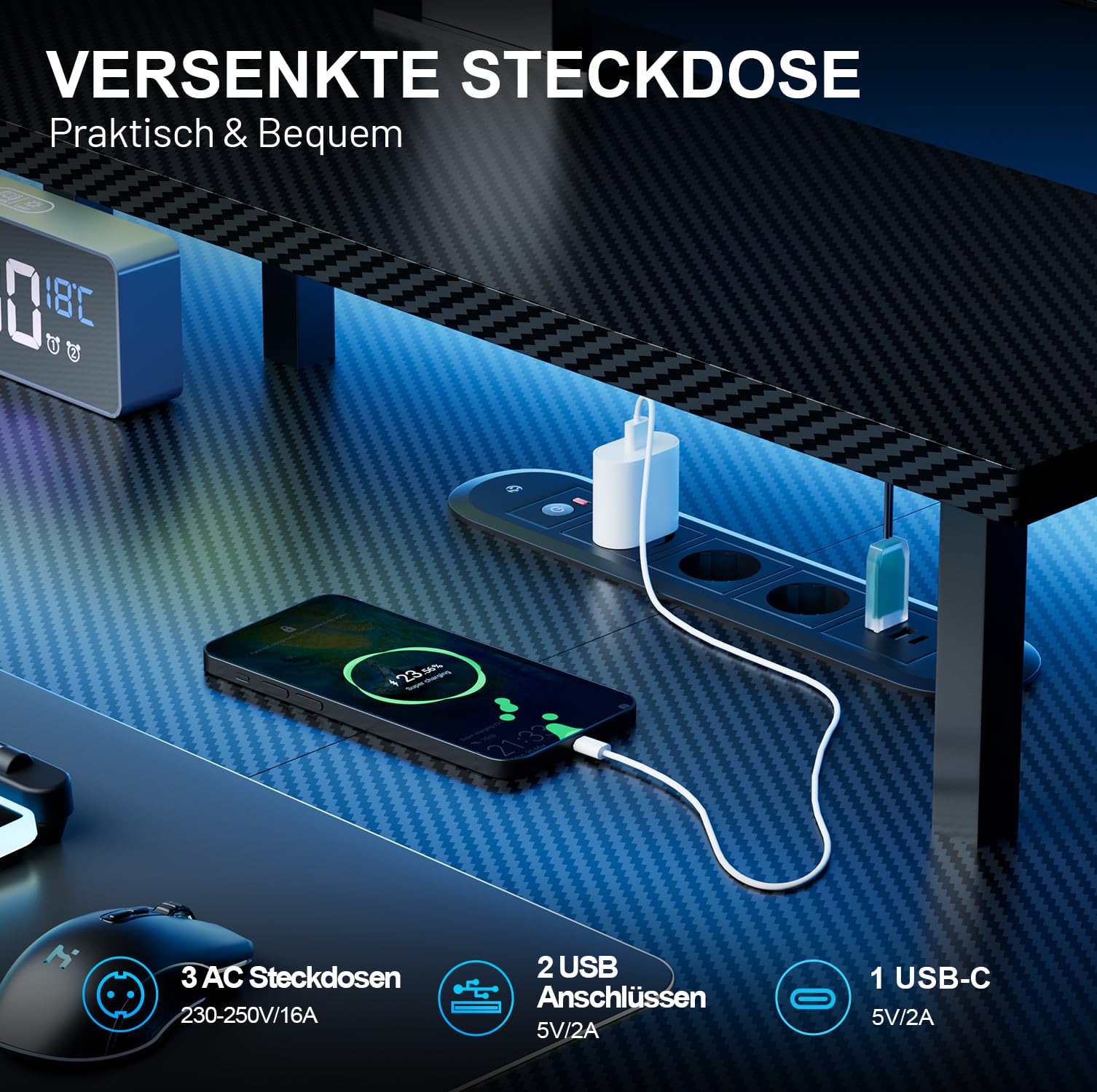 HLONONE Höhenverstellbarer Schreibtisch mit LED, 160 x 60 cm Gaming Tisch Höhenverstellbar mit 3 Steckdosen & 2 USB, Elektrischer Schreibtisch mit Monitorständer & Funktions-Memory, Schwarz