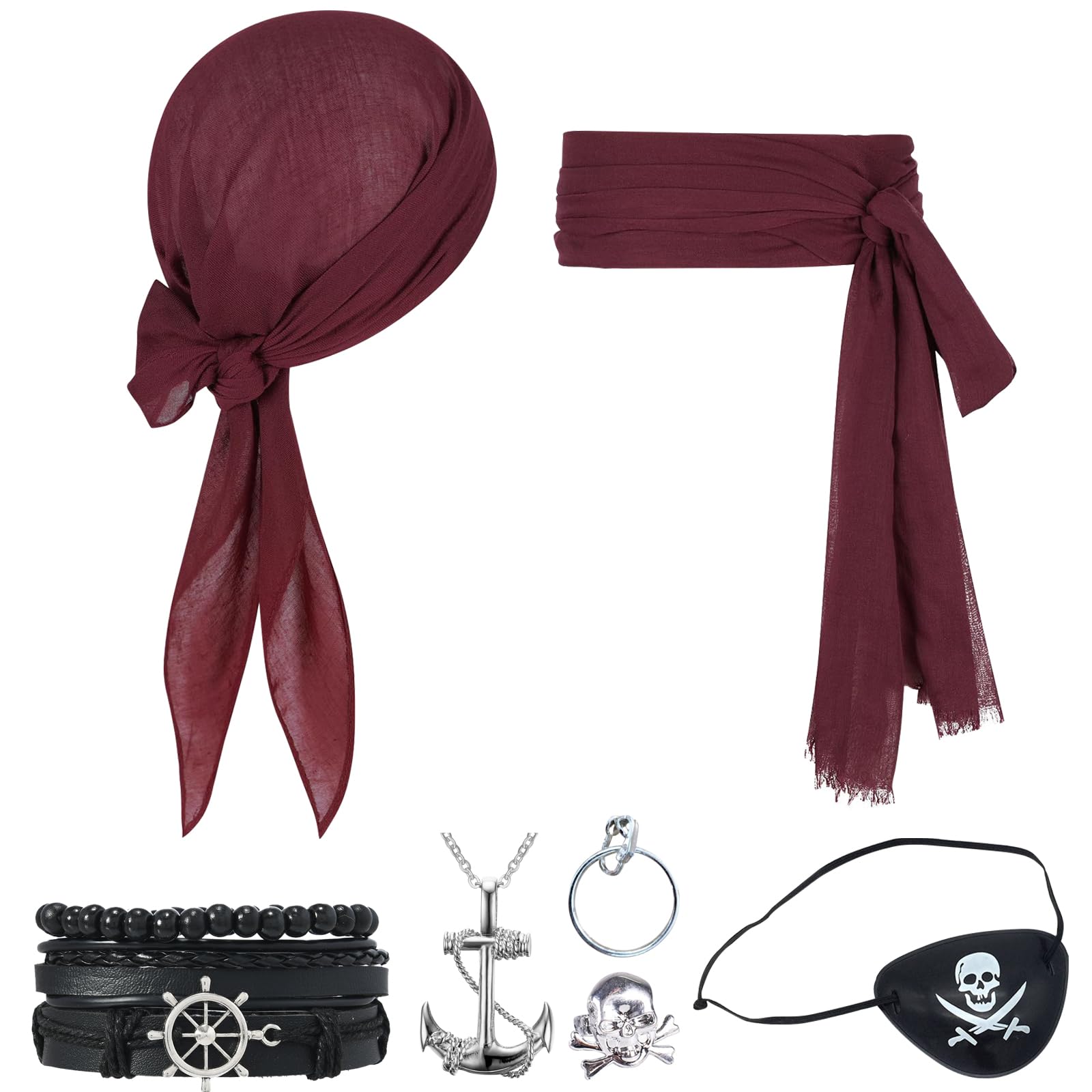 WooHand - Accesorios Para Disfraz De Pirata Para Ujer, Bandana, Faja, Ojo, Collar, Aretes
