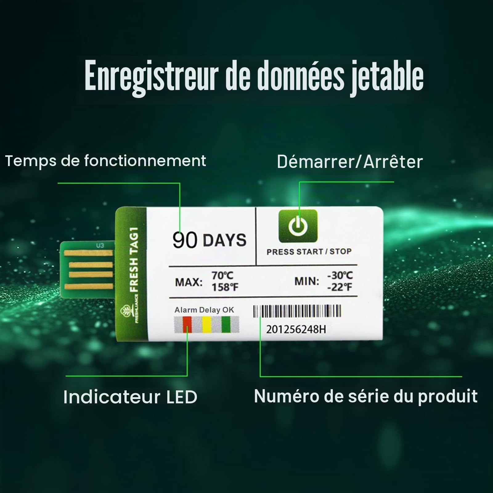 Freshliance Enregistreur de Température USB avec 30000 lectures, Enregistreur de Température à usage unique avec le rapport PDF/CSV, Couverture de haute précision 90 jours 10 paquet, Fresh Tag 1